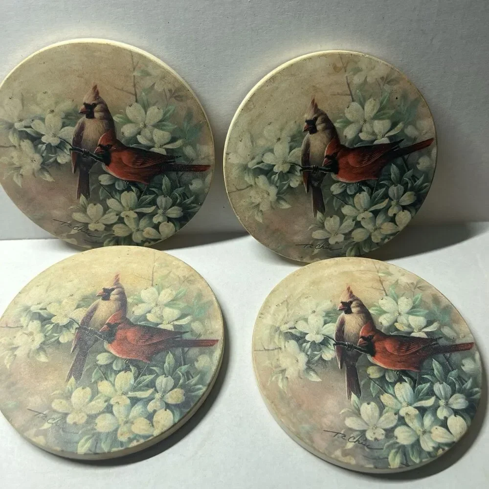 Vintage T.C. Chiu Red Cardinal Bird Coaster Set with Wooden Storage Holder MCM